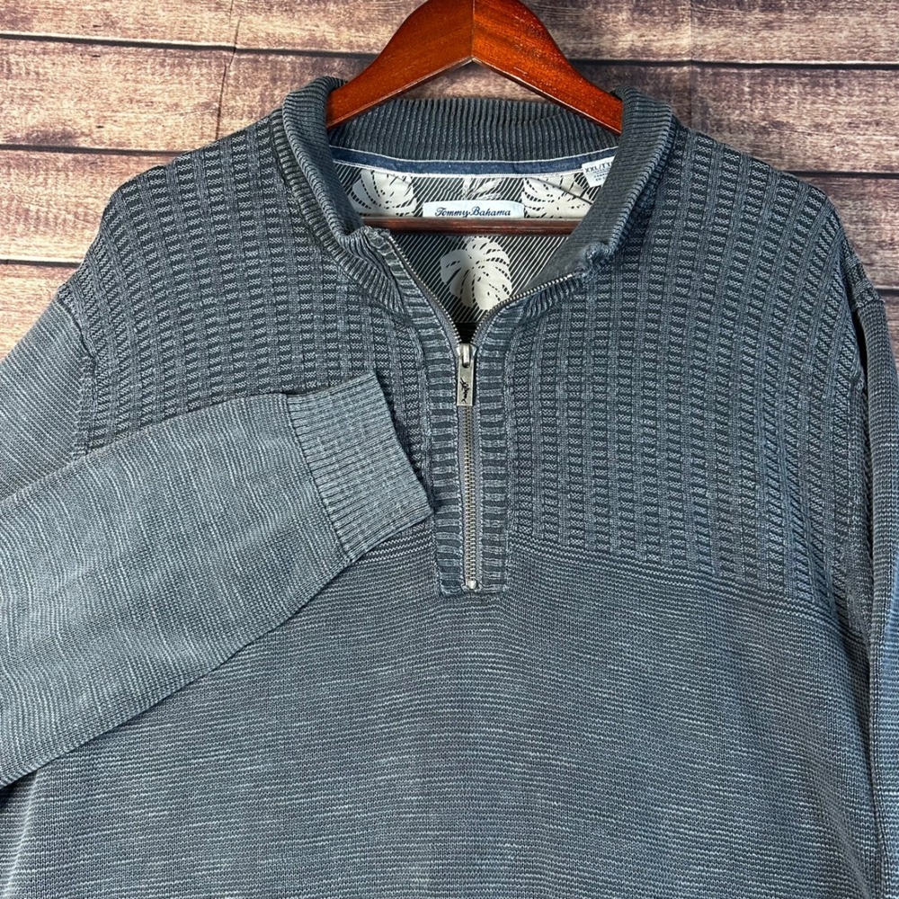 Tommy Bahama Mens XXL Charcoal Grey Cotton Waffle Knit Quarter Zip Sweater